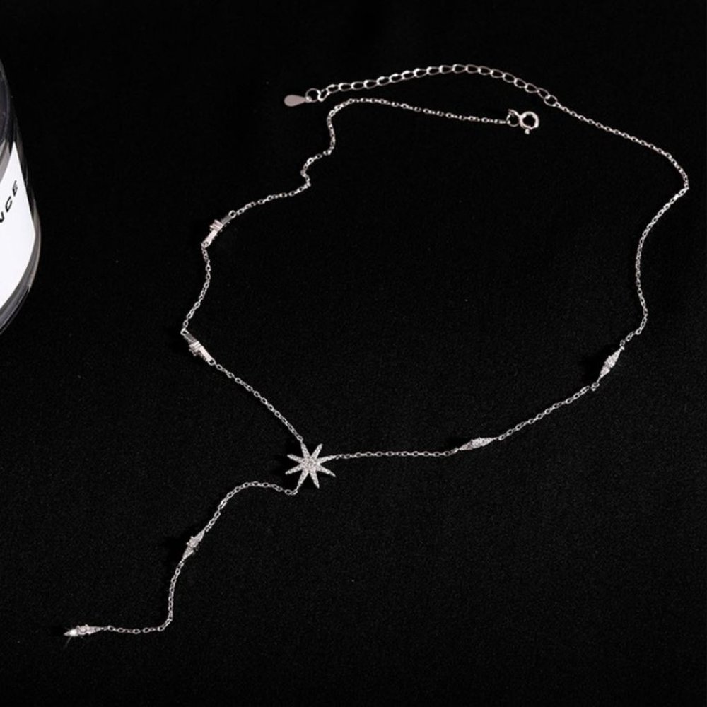 925 Sterling Silver Diamond Star Dangle Drop Lariat Dainty Minimalist Necklace - Picture 3 of 8
